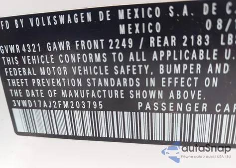 2015 Volkswagen Jetta 1.8T Sport из США, поврежденный, VIN 3VWD17AJ2FM203795